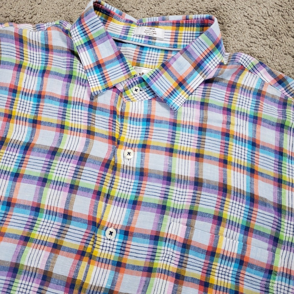 Peter Millar 100% Linen Shirt Mens Large Colorful Plaid Linen Button Front L/S